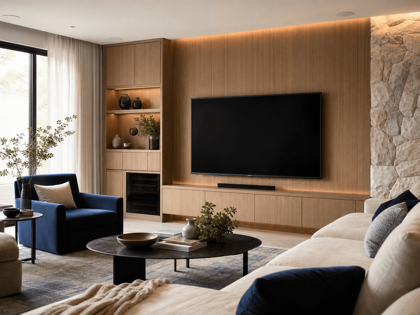 Sala com áudio e vídeo integrados à arquitetura